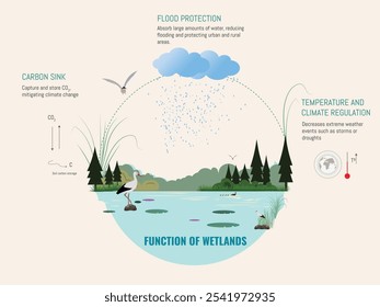 Infográfico mostrando as funções das zonas úmidas, incluindo regulação climática, armazenamento de carbono e proteção contra enchentes.