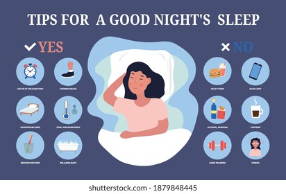 Infographic showing tips for a restful sleep at night with positive and negative pointers on either side of a young woman in bed, colored vector illustration