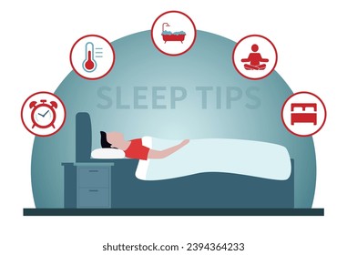 Infographic showing tips for a restful sleep at night with positive pointers on the top of a young man in bed, colored vector illustration