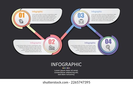The infographic shows a 4-step process, with circles for icons and numbers and text boxes for explanatory text.Placed on a dark gray background.it easier to understand in financial and educational.