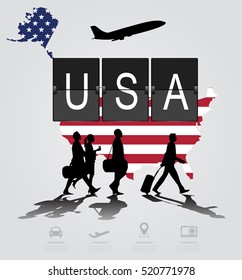 Infographic silhouette people in the airport for USA. flight
