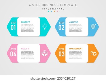 infographic simple template 4 business steps square multi colored pointed corners icon beside the empty space. In the middle place the letters. gray gradient background