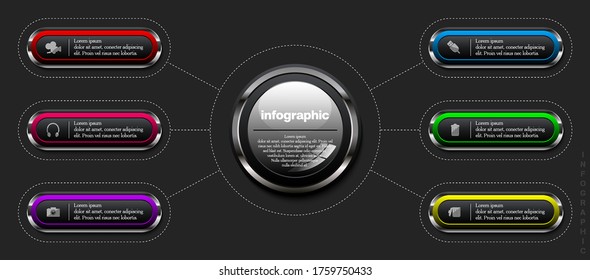 Infographic six steps metallic, banner set, round web button, 