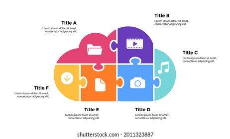 Infographic slide template for your presentation. Puzzle cloud service illustration. 6 options, steps. Creative web concept. Internet technology.