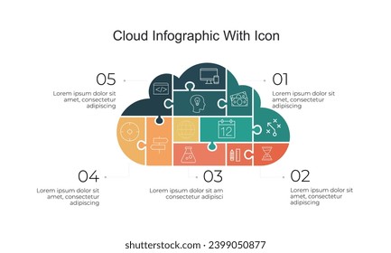 Infographic slide template for your presentation. Puzzle cloud service illustration. 5 options, steps. Creative web concept. Internet technology.