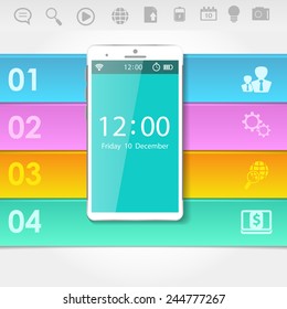 Infographic smart phone design icons text and values concept background illustration. 