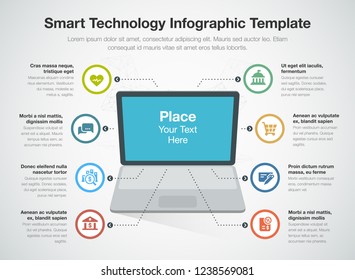 Infographic for smart technology template with laptop as main symbol, colorful circles and icons. Easy to use for your website or presentation.
