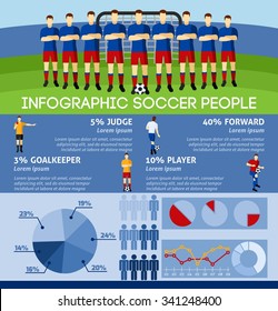  Infographic soccer with team players and gate background flat vector illustration.