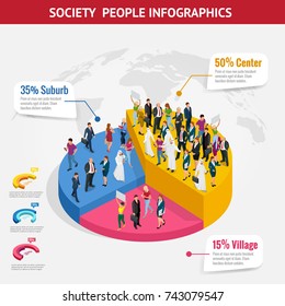 Infographic Society isometric background with people of different occupations. People meeting, discussing, planning, brainstorming at the blackboard