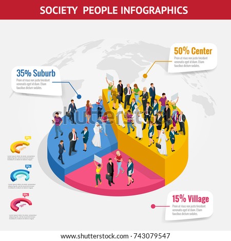 Infographic Society isometric background with people of different occupations. People meeting, discussing, planning, brainstorming at the blackboard