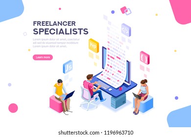 Infographic of software develop a project wireframe. Engineering desktop workstation for office specialist. Graphic for freelancer, concept with characters and text. Flat isometric vector illustration