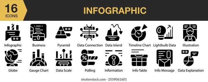 Infographic solid icon set. Includes Analysis, Data, Diagram, Infographic, Visualization, and More. Solid icons vector collection.