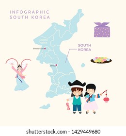 infographic south korea with maps, traditional dance, culinary. - vector