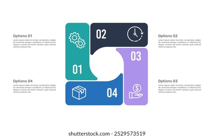 Ciclo infográfico quadrado com quatro etapas ou opções. Planejamento de negócios, marketing, banner, estratégia e apresentação. Ilustração de vetor.