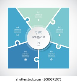 Plantilla cuadrada infográfica con estilo de rompecabezas. Diagrama de ciclo de vectores con 5 partes, opciones. Se puede utilizar para gráficos, gráficos, informes, presentaciones, diseño web.