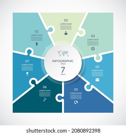 Infographic square template in puzzle style. Vector cycle diagram with 7 parts, options. Can be used for chart, graph, report, presentation, web design.