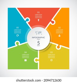 Infographic square template in puzzle style. Vector cycle diagram with 5 parts, options. Can be used for chart, graph, report, presentation, web design.