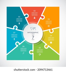 Infographic square template in puzzle style. Vector cycle diagram with 7 parts, options. Can be used for chart, graph, report, presentation, web design.