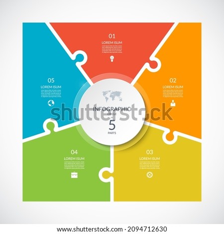 Infographic square template in puzzle style. Vector cycle diagram with 5 parts, options. Can be used for chart, graph, report, presentation, web design.