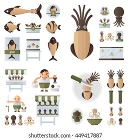 infographic Squid And Sea Food Set brown 
