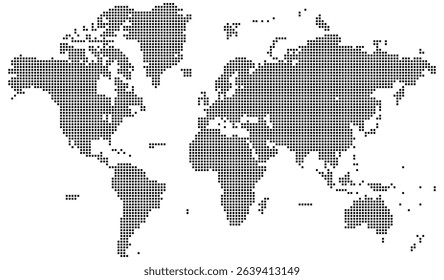 Infographic squire shape dotted dotted world map that brings out the global theme with bold, abstract visuals. Sleek and futuristic. Squire shape dotted world map feathering abstract country boundary