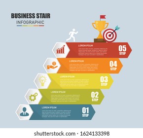 Infographic stair 5 step to success isolated on white background. Business and finance concept.Can be used for workflow layout, processes, presentation, number options.vector illustration flat design.