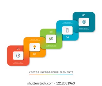 Infographic stair template of 5 steps. Business growth and success concept for website, graphic layout, timeline, diagram, chart. Vector illustration
