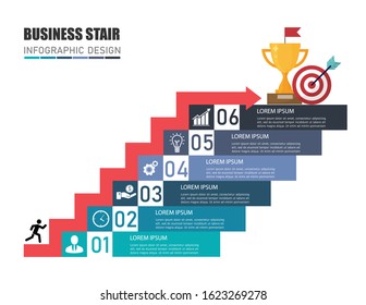 Infographic stair template to success with 6 steps. Business and finance concept. Can be used for workflow layout, banner, processes, presentation, number options. Vector illustration flat design.