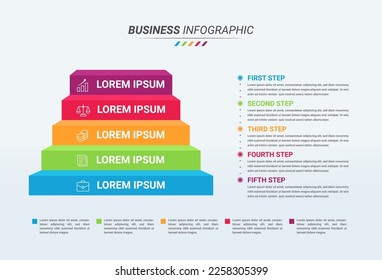 Plantilla de diseño de escalas de infografía e icono empresarial con cinco opciones o paso. Graba Infografía con 5 opciones para presentaciones, informe de finanzas, diseño web e informe anual.