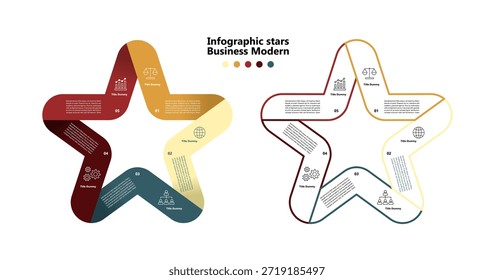 Infografía de Plantilla de carta de estrellas con 5 pasos y opciones. Infografía de estrellas moderna y sencilla con 5 opciones para presentaciones de negocios o comunicación visual. 5 partes. Vector editable eps.