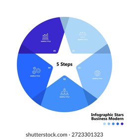 Infografía de Plantilla de carta de estrellas con 5 pasos y opciones. Infografía de estrellas moderna y sencilla con 5 opciones para presentaciones de negocios o comunicación visual. 5 partes. Vector editable eps.