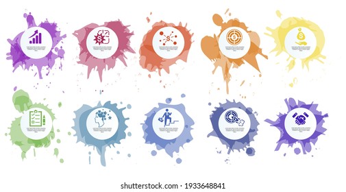 Infographic Startup template. Icons in different colors. Include Partnership, Precision, Career, Creativity and others.