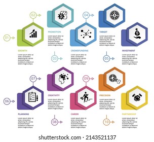 Infographic Startup template. Icons in different colors. Include Partnership, Precision, Career, Creativity and others.