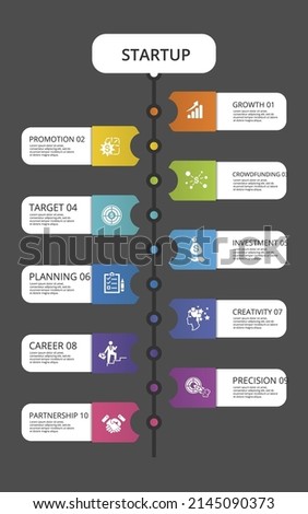 Infographic Startup template. Icons in different colors. Include Partnership, Precision, Career, Creativity and others.