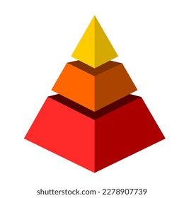 Infographic statistical hierarchical illustration of yellow and red triangles divided and cut into thirds , Pyramid shape made of three layers for presenting business ideas or statistical data
