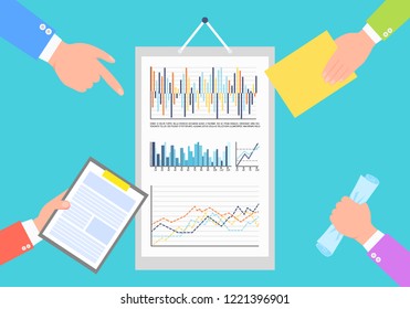 Infographic statistics and analysis data results vector. Graphic visual data in flowcharts, businessman pointing on infocharts and schemes diagrams