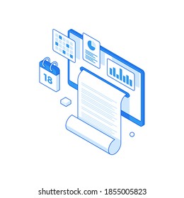 Infographic Statistics And Collection Report Online Isometric Concept. Project Delivery Time Diagrams And Research Information. Strategy Optimization Web User Surveys Vector Illustration.