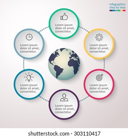 Infographic step by step with element in the center. Abstract chart, graph, diagram with 6 options, parts, processes. Vector template for presentation and training.