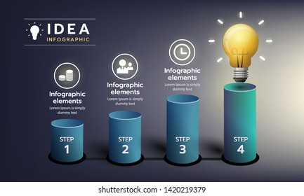 Infographic step to the idea grow with light bulb, dark background. Vector illustration
