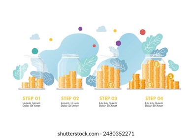 Infographic of Step money in glass jars. business concept. Vector illustration
