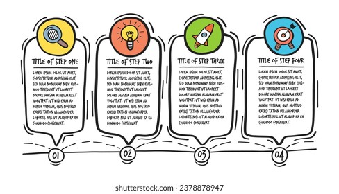 Infographic steps in hand drawn. Freehand sketch with icons. Vector illustration.