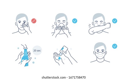 Infographic Steps How Prevent Respiratory Diseases. Correct Couching and Sneezing, Cleaning Hands with Antiseptic Gel, Wearing Mask. Virus and Infection prevention. Flat Cartoon Vector Illustration.