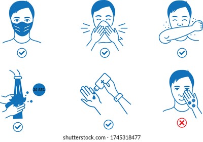 Infographic Steps How Prevent Respiratory Diseases. Correct Coughing and Sneezing, Cleaning Hands with Antiseptic Gel, Wearing Mask. Virus and Infection prevention. Flat Cartoon Vector Illustration.