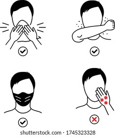 Infographic Steps How Prevent Respiratory Diseases. Correct Coughing and Sneezing, Cleaning Hands with Antiseptic Gel, Wearing Mask. Virus and Infection prevention. Flat Cartoon Vector Illustration.