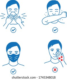 Infographic Steps How Prevent Respiratory Diseases. Correct Coughing and Sneezing, Cleaning Hands with Antiseptic Gel, Wearing Mask. Virus and Infection prevention. Flat Cartoon Vector Illustration.