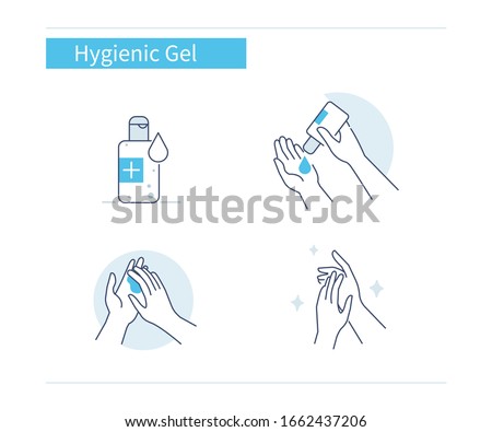 Infographic Steps How to Use Hygienic Gel for Hands Properly. Cleaning Hands with Antiseptic Product. Prevention against Virus, Germs and Infection. Hygiene Concept.  Flat Cartoon Vector Illustration.