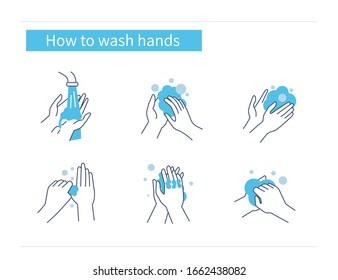 Infographic Steps How Washing Hands Properly. Cleaning Hands with Antiseptic Soap under running Water. Prevention against Virus and Infection. Hygiene Concept.  Flat Cartoon Vector Illustration.