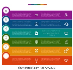Infographic, strips numbered, six template with text areas for success business project