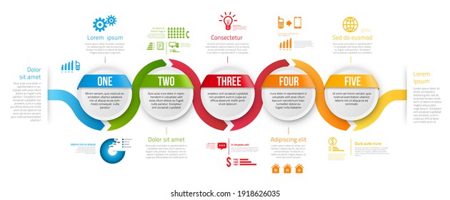 Infographic style colored timeline arrows or menu options, vector on white background