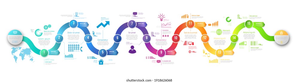 Infographic style colored timeline arrows or menu 15 options, vector on white background